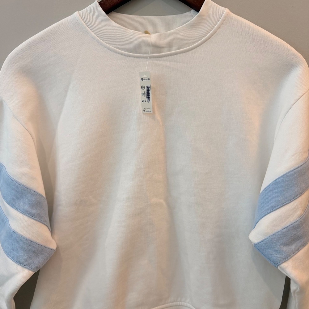 Madewell Sweatshirt Crewneck Varsity Stripe Oversized White Blue NY284 XXS NWT - Picture 3 of 14